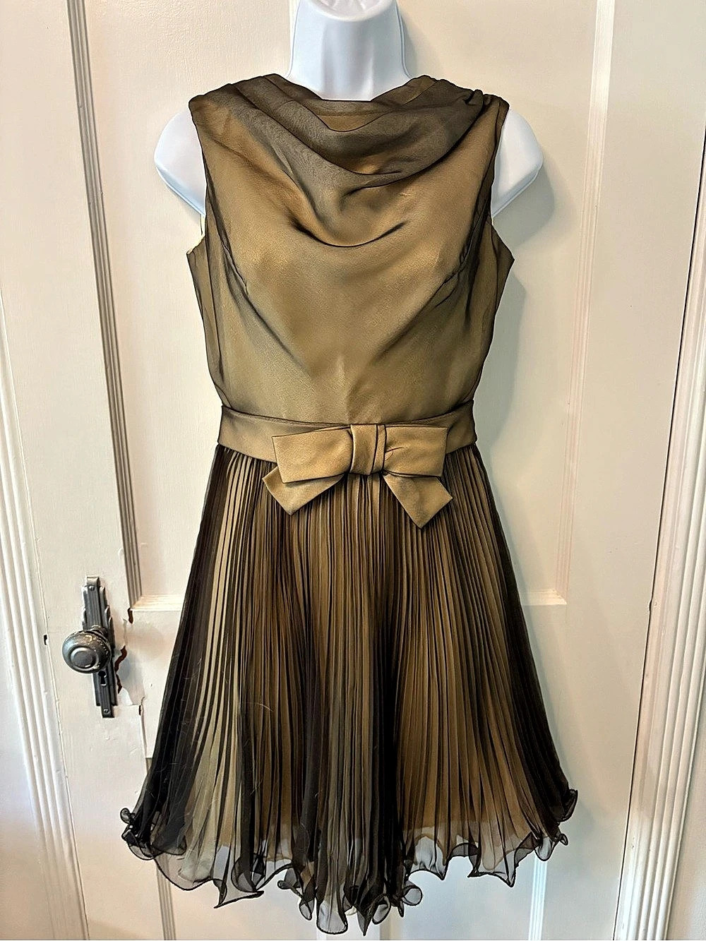 Vintage 60s Pleated Bow Waist Mini Dress in Black and Ivory